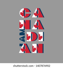 I am Canadian modert poster card. Pattern with National flag red and white color modern typography for celebration design, flyer, banner. on fective firework blue background. Vector illustration