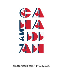 I am Canadian modert poster card. Pattern with National flag red and white color modern typography for celebration design, flyer, banner. on fective firework blue background. Vector illustration
