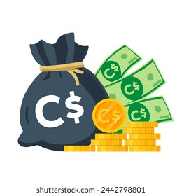 Canadian Money Vector Illustration. Canadian dollar sack, coins and banknotes. Each object isolated.