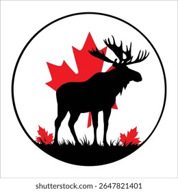 Canadian Moose Silhouette with Red Maple Leaves – Circular Wildlife and National Symbol Design for Canada Day, Nature Graphics, and Patriotic Projects