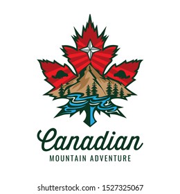 Canadian Mountain Adventure logo with river and tree vector