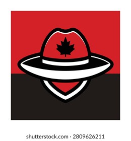 Canadian mountie hat with maple leaf emblem on a split red and black background square