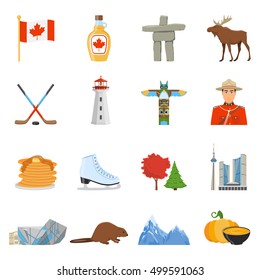 Canadian national cultural and sport symbols places of interest for tourists flat icons collection isolated vector illustration 