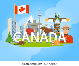 Símbolos culturales nacionales canadienses monumentos y lugares de interés para los turistas composición plana carteles ilustrativos vectoriales