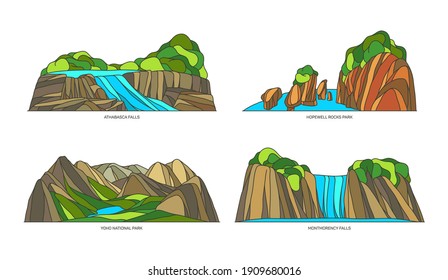 Canadian natural seesight places. Set of isolated vector Athabasca waterfall and Montmorency fall, Hopewell rock park and yoho national reservation. Canada natural monuments, famous Flowerpots. Quebec