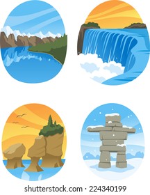 Canadian Nature Landmarks Canada Landmark, with Hopewell Rocks, Canadian Rockies, Canadian Rocky, Niagara Falls vector illustration cartoon.