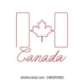 Canadian Outline Flag And Handwritten Inscription CANADA. Continuous One Line Drawing. Patriotic Concept Of Unity.