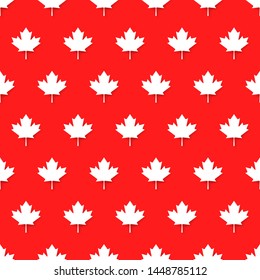 Canadian patriotic seamless pattern with national official colors. White maple leaves repeat in row on red background. Canada republic simple wallpaper design vector illustration.