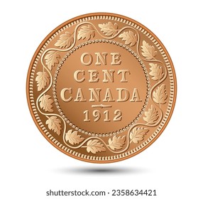 Canadian Penny one cent coin on white background. Vector illustration.
