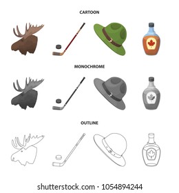 A canadian policeman hat, a bottle of maple syrup and other Canadian symbols.Canada set collection icons in cartoon,outline,monochrome style vector symbol stock illustration web.
