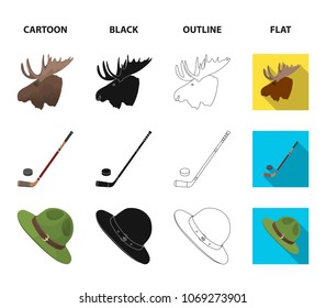 A canadian policeman hat, a bottle of maple syrup and other Canadian symbols.Canada set collection icons in cartoon,black,outline,flat style vector symbol stock illustration web.