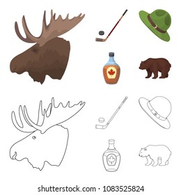 A canadian policeman hat, a bottle of maple syrup and other Canadian symbols.Canada set collection icons in cartoon,outline style vector symbol stock illustration web.