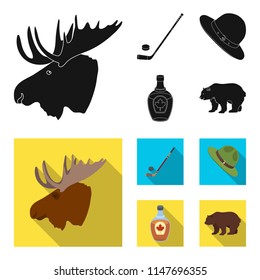 A canadian policeman hat, a bottle of maple syrup and other Canadian symbols.Canada set collection icons in black, flat style vector symbol stock illustration web.