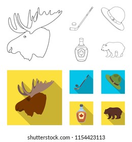 A canadian policeman hat, a bottle of maple syrup and other Canadian symbols.Canada set collection icons in outline,flat style vector symbol stock illustration web.