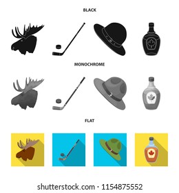 A canadian policeman hat, a bottle of maple syrup and other Canadian symbols.Canada set collection icons in black, flat, monochrome style vector symbol stock illustration web.