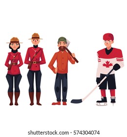 Canadian policeman, lumberjack and hockey player, cartoon vector illustration isolated on white background. Canadian mounted policemen in traditional uniform, hockey player and lumberjack