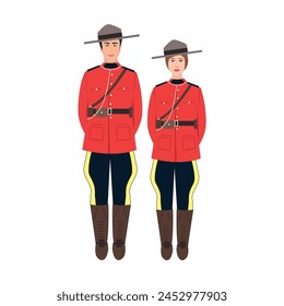 Policía canadiense y mujer policía en uniforme tradicional - túnica escarlata y pantalones. Retrato de cuerpo entero de un policía montado real canadiense. Ilustración vectorial de dibujos animados aislado en blanco.