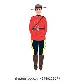 Canadian policeman in traditional uniform - scarlet tunic and breeches. Full length portrait of royal Canadian mounted police person. Cartoon vector illustration isolated on white background.