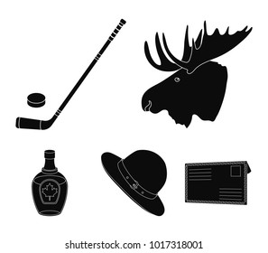 A canadian policeman's hat, a bottle of maple syrup and other Canadian symbols.Canada set collection icons in black style vector symbol stock illustration web.