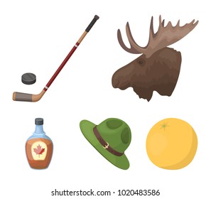 A canadian policeman's hat, a bottle of maple syrup and other Canadian symbols.Canada set collection icons in cartoon style vector symbol stock illustration web.