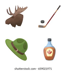 A canadian policeman's hat, a bottle of maple syrup and other Canadian symbols.Canada set collection icons in cartoon style vector symbol stock illustration web.