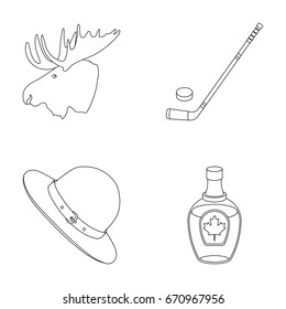 A canadian policeman's hat, a bottle of maple syrup and other Canadian symbols.Canada set collection icons in outline style vector symbol stock illustration web.