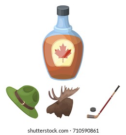 A canadian policeman's hat, a bottle of maple syrup and other Canadian symbols.Canada set collection icons in cartoon style vector symbol stock illustration web.