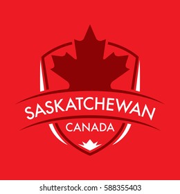 A Canadian province crest in vector format featuring a large maple leaf and text that reads Saskatchewan.