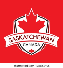 A Canadian province crest in vector format featuring a large maple leaf and text that reads Saskatchewan.
