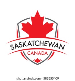 A Canadian province crest in vector format featuring a large maple leaf and text that reads Saskatchewan.