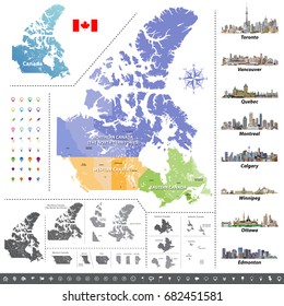 Canadian provinces and territories map colored by regions. Map, flag and largest city skylines of Canada. Vector illustration