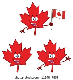  Canadian Red Maple Leaf Cartoon Mascot Character Set 1. Vector Collection Isolated On White Background