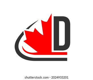 Canadian Red Maple leaf with D letter Concept. D letter Maple leaf logo design