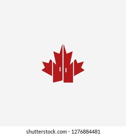 Canadian red maple leaf isolated on light background. Vector maple leaf logo design template with open door furniture 