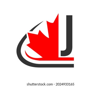 Canadian Red Maple leaf with J letter Concept. J letter Maple leaf logo design