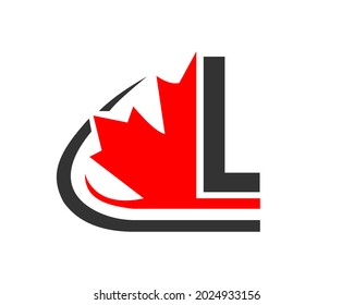 Hoja de arce rojo canadiense con L carta Concept. Letra L diseño del logotipo de la hoja de color