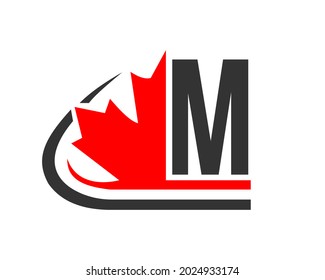 Canadian Red Maple leaf with M letter Concept. M letter Maple leaf logo design