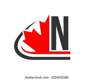 Canadian Red Maple leaf with N letter Concept. N letter Maple leaf logo design