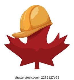 Hoja de arce rojo canadiense con sombrero duro amarillo encima. Diseño de estilo de dibujos animados sobre fondo blanco.