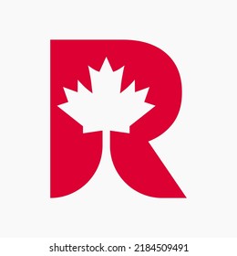 Canadian Red Maple Logo on Letter R Vector Symbol. Maple Leaf Concept For Canadian Company Identity