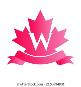 Canadian Red Maple On Letter W Seal and Ribbon. Luxury Heraldic Crest Logo Element Vintage Laurel Vector