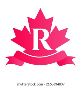 Canadian Red Maple On Letter R Seal and Ribbon. Luxury Heraldic Crest Logo Element Vintage Laurel Vector