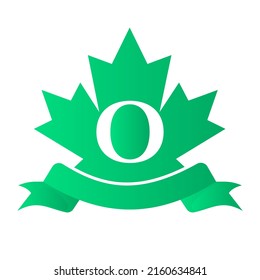 Canadian Red Maple On Letter O Seal and Ribbon. Luxury Heraldic Crest Logo Element Vintage Laurel Vector