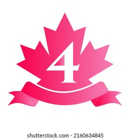 Canadian Red Maple On Letter 4 Seal and Ribbon. Luxury Heraldic Crest Logo Element Vintage Laurel Vector