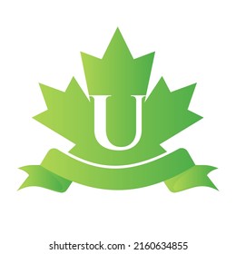 Canadian Red Maple On Letter U Seal and Ribbon. Luxury Heraldic Crest Logo Element Vintage Laurel Vector