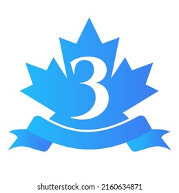 Canadian Red Maple On Letter 3 Seal and Ribbon. Luxury Heraldic Crest Logo Element Vintage Laurel Vector