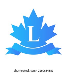 Canadian Red Maple On Letter L Seal and Ribbon. Luxury Heraldic Crest Logo Element Vintage Laurel Vector