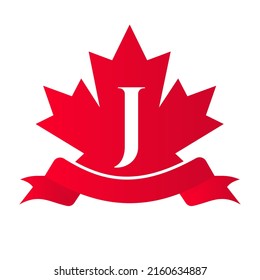 Canadian Red Maple On Letter J Seal and Ribbon. Luxury Heraldic Crest Logo Element Vintage Laurel Vector
