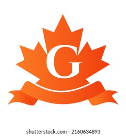 Canadian Red Maple On Letter G Seal and Ribbon. Luxury Heraldic Crest Logo Element Vintage Laurel Vector
