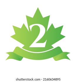 Canadian Red Maple On Letter 2 Seal and Ribbon. Luxury Heraldic Crest Logo Element Vintage Laurel Vector